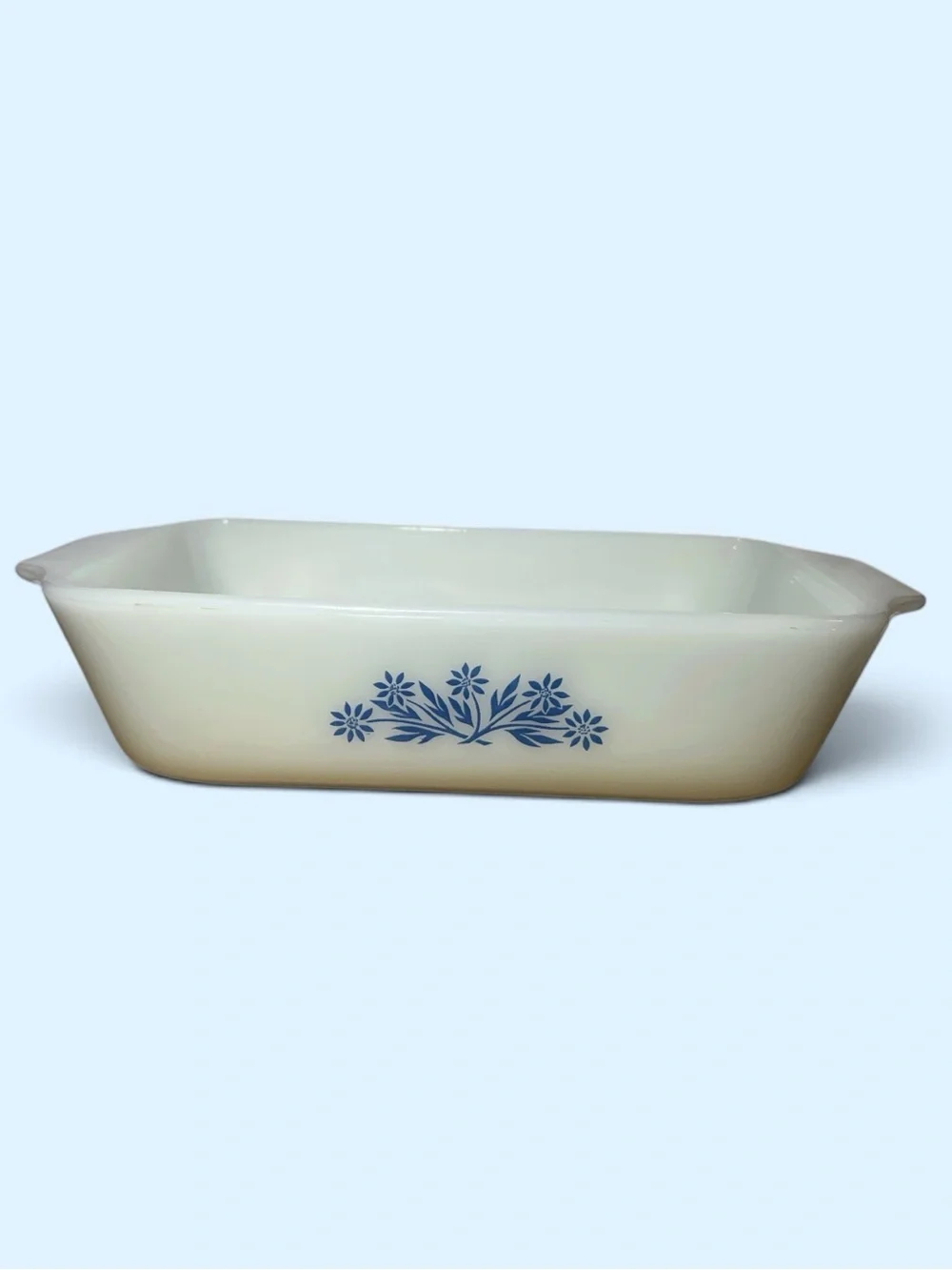 Vintage Anchor Hocking Milk Glass Loaf Baker with Blue Cornflower Design